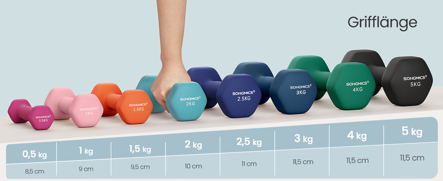 SONGMICS-Juego de mancuernas hexagonales, con soporte para Mancuernas, 2x1 kg, 2x2 kg, 2x3 kg, verde lima, aguamarina, gris