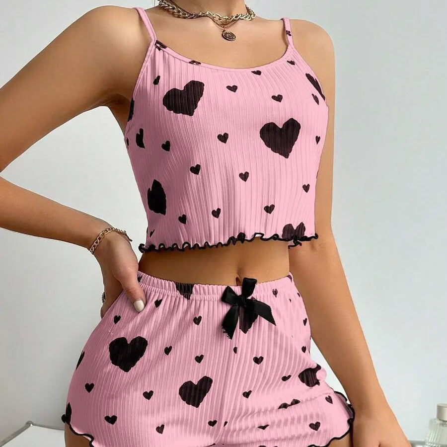 Conjunto de pijamas para mujer Ropa de dormir 2 piezas Camisetas sin mangas cortas y pantalones cortos S M L Blanco Ventilar Suave Casual Impresión de amor
