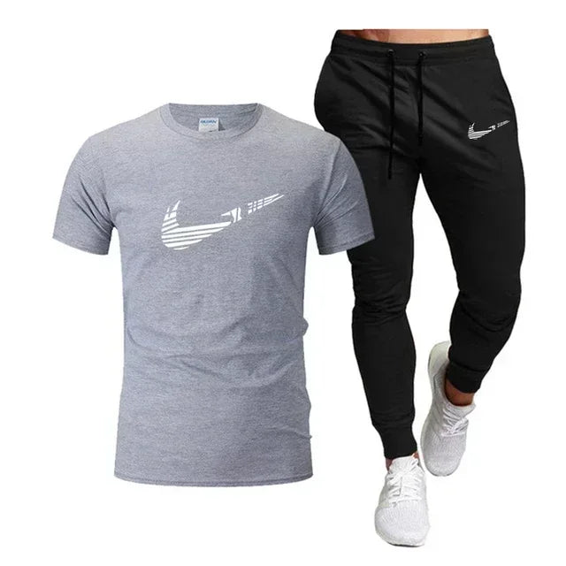 2025 Camiseta deportiva de verano para hombre, camiseta de algodón puro + pantalones largos finos, conjunto de 2 piezas transpirable y de secado rápido