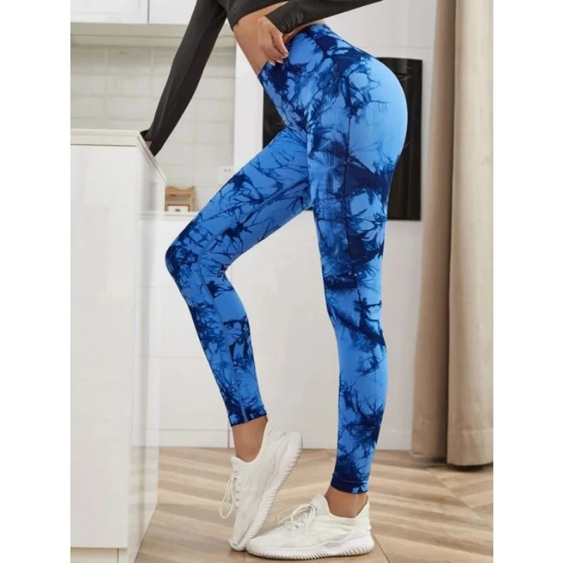 Mallas de cintura alta sin costuras para mujer, Leggings de teñido anudado, pantalones de Yoga para correr y Fitness, medias elásticas de punto de elevación de cadera
