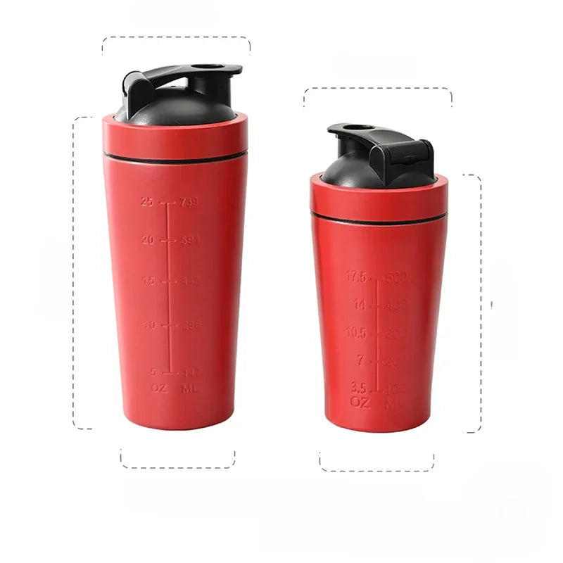 Botella coctelera de proteína en polvo de acero inoxidable, 500ML/750ML, con bola de acero y escala, a prueba de fugas, para gimnasio, Fitness, deporte, batidos de suero