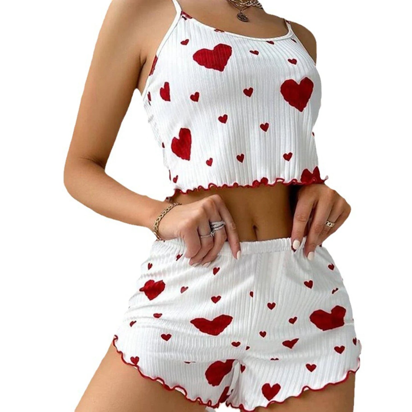 Conjunto de pijamas para mujer Ropa de dormir 2 piezas Camisetas sin mangas cortas y pantalones cortos S M L Blanco Ventilar Suave Casual Impresión de amor