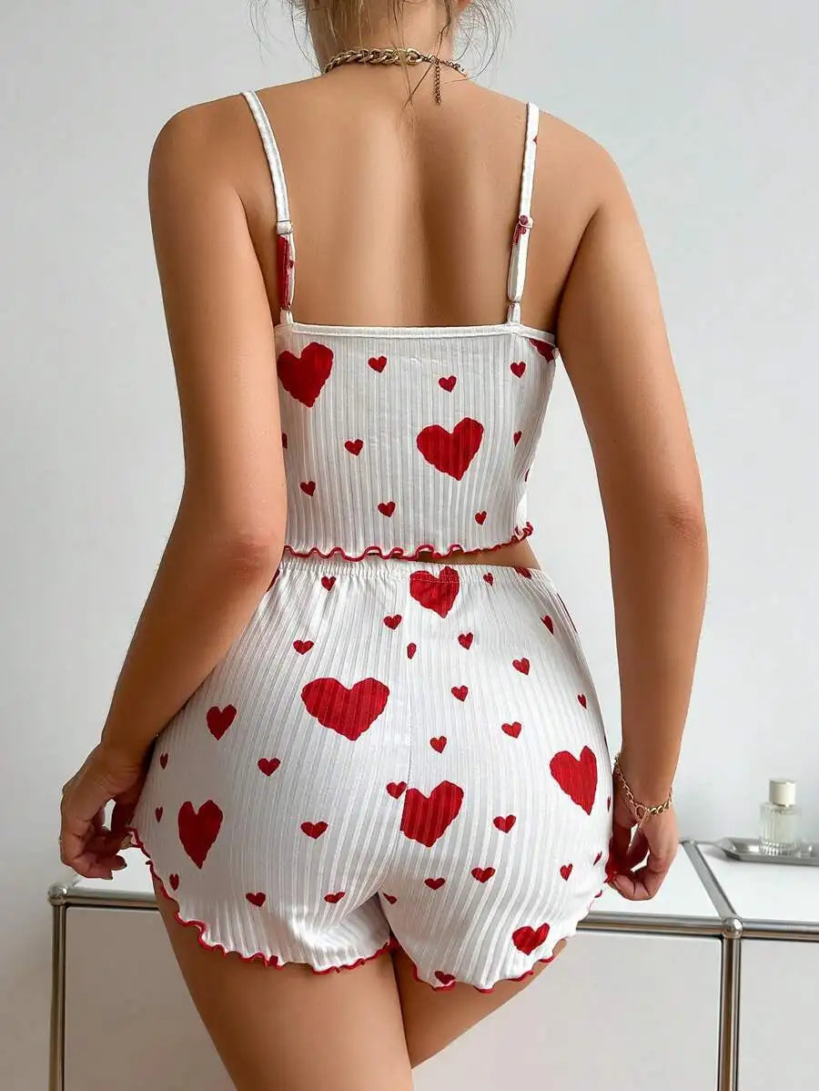Conjunto de pijamas para mujer Ropa de dormir 2 piezas Camisetas sin mangas cortas y pantalones cortos S M L Blanco Ventilar Suave Casual Impresión de amor
