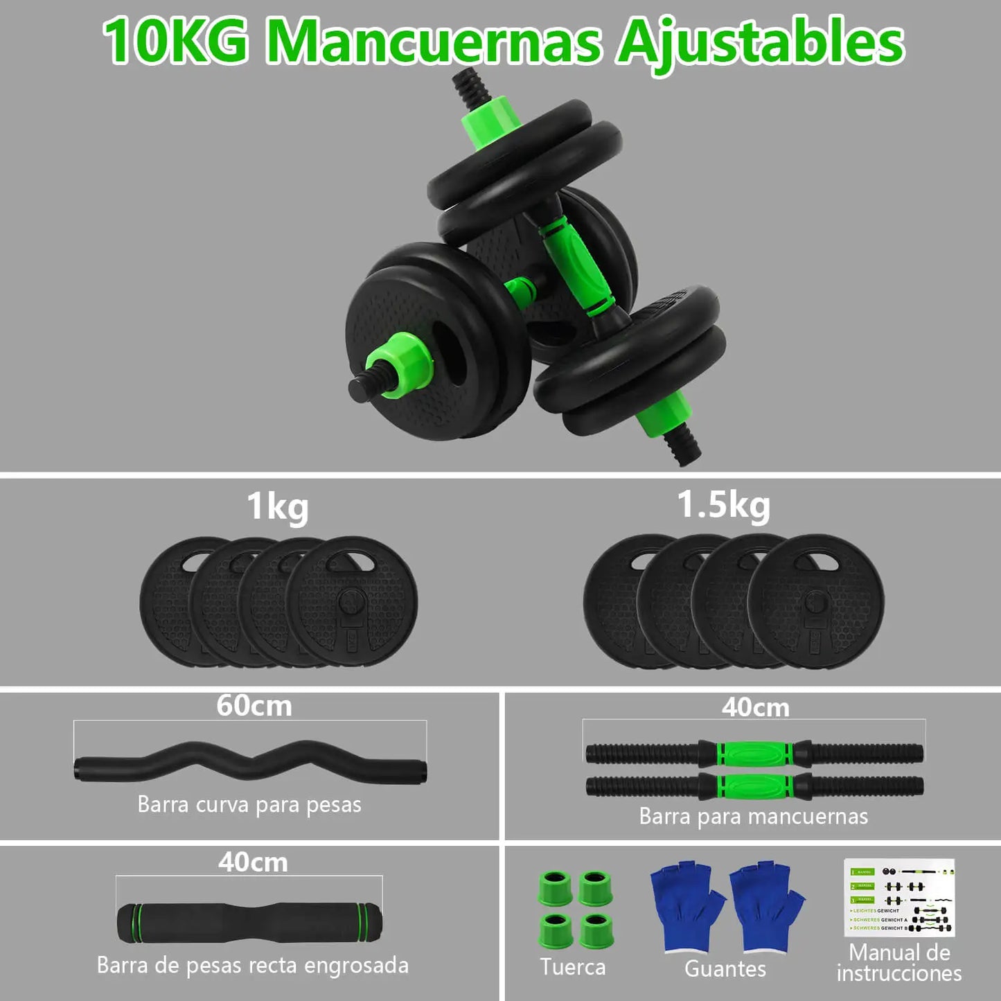 Juego de mancuernas ajustables multifuncionales, 4 en 1, 10 kg, 15 kg, 20 kg, 30 kg, con mango opcional para pesas rusas, rizos y barra recta, rueda abdominal, flexiones, pesas de gimnasio en casa para hombres