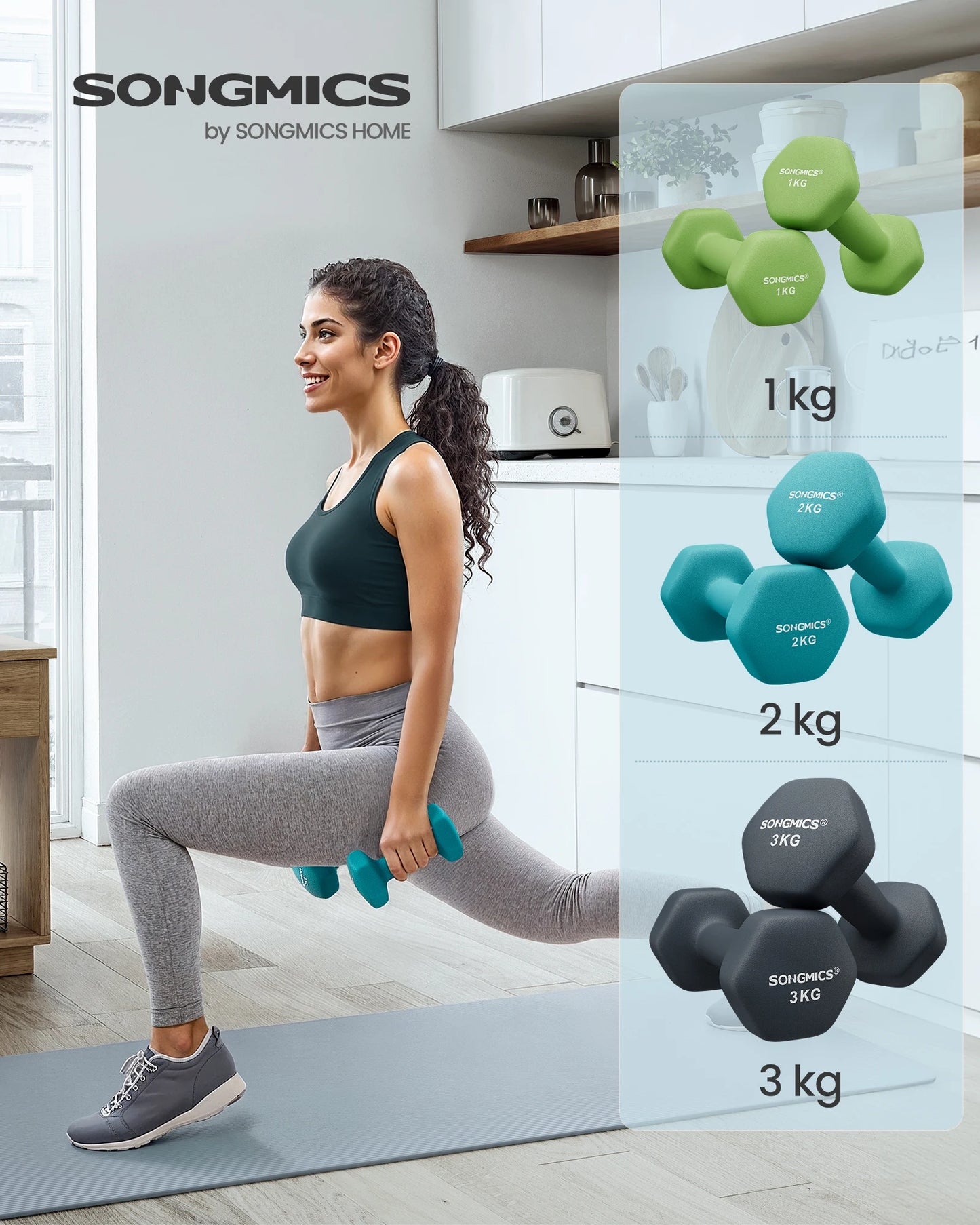 SONGMICS-Juego de mancuernas hexagonales, con soporte para Mancuernas, 2x1 kg, 2x2 kg, 2x3 kg, verde lima, aguamarina, gris
