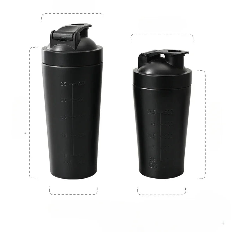 Botella coctelera de proteína en polvo de acero inoxidable, 500ML/750ML, con bola de acero y escala, a prueba de fugas, para gimnasio, Fitness, deporte, batidos de suero