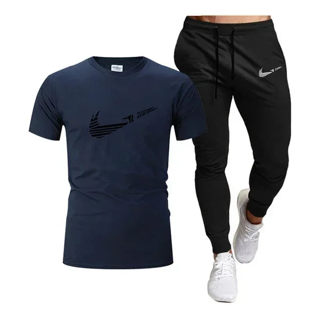 2025 Camiseta deportiva de verano para hombre, camiseta de algodón puro + pantalones largos finos, conjunto de 2 piezas transpirable y de secado rápido