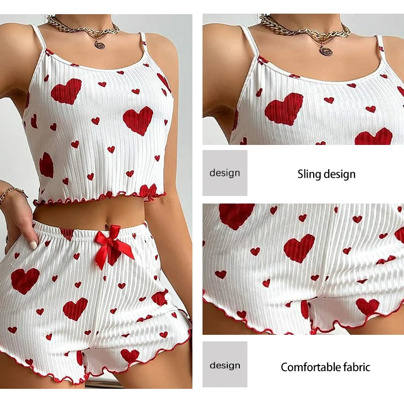 Conjunto de pijamas para mujer Ropa de dormir 2 piezas Camisetas sin mangas cortas y pantalones cortos S M L Blanco Ventilar Suave Casual Impresión de amor