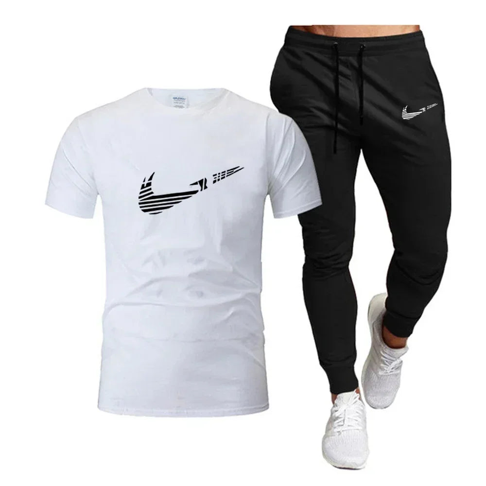 2025 Camiseta deportiva de verano para hombre, camiseta de algodón puro + pantalones largos finos, conjunto de 2 piezas transpirable y de secado rápido