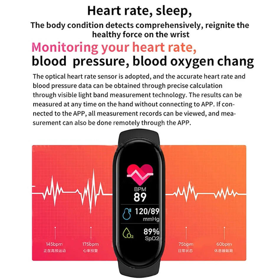 Reloj inteligente M6 para hombre y mujer, pulsera deportiva con Monitor de frecuencia cardíaca y presión arterial, resistente al agua, multifunción