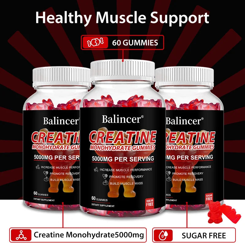 Gomitas monohidratadas de creatina: entrenamiento pre/post, fitness, fuerza, desarrollo muscular, proporciona suplementos energéticos