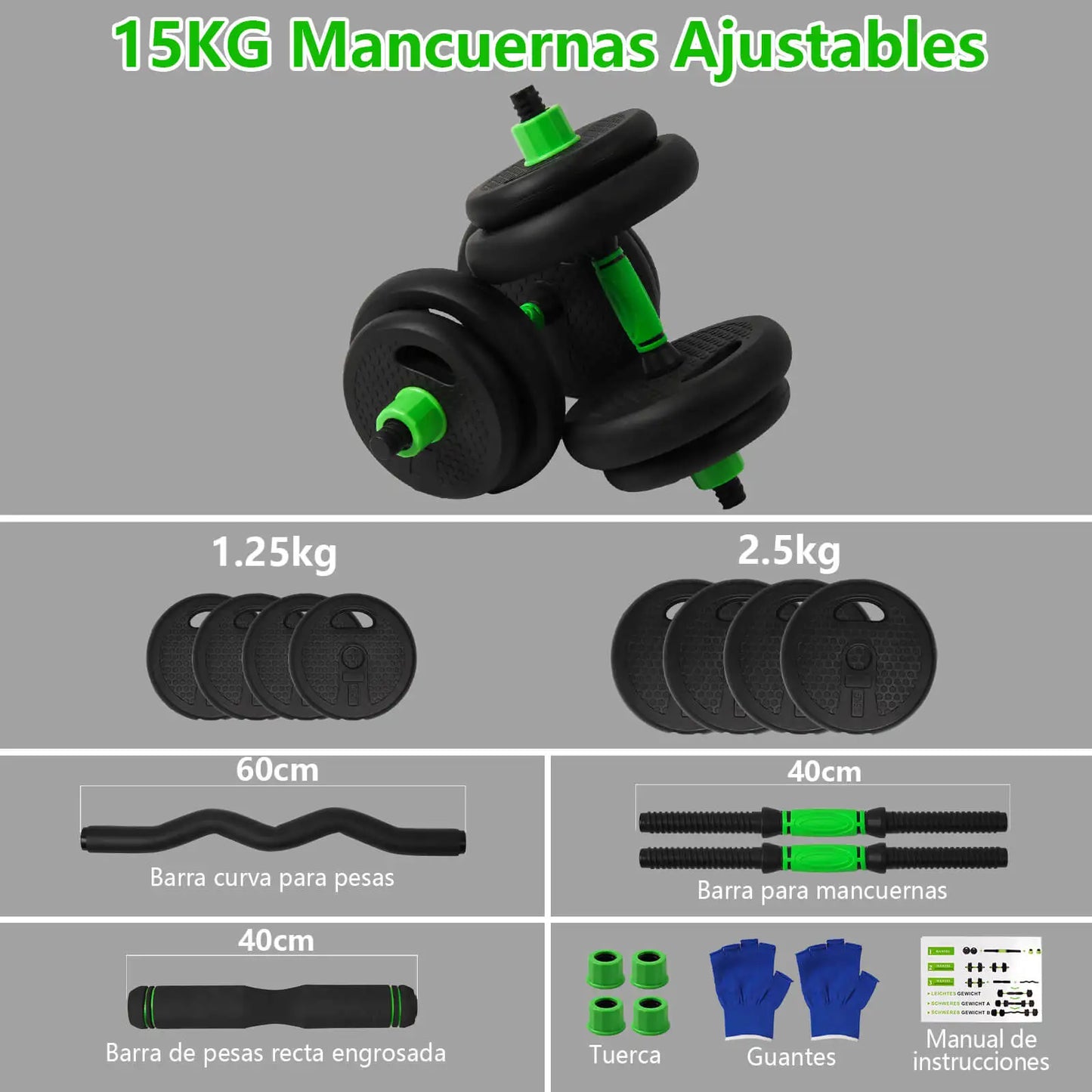 Juego de mancuernas ajustables multifuncionales, 4 en 1, 10 kg, 15 kg, 20 kg, 30 kg, con mango opcional para pesas rusas, rizos y barra recta, rueda abdominal, flexiones, pesas de gimnasio en casa para hombres
