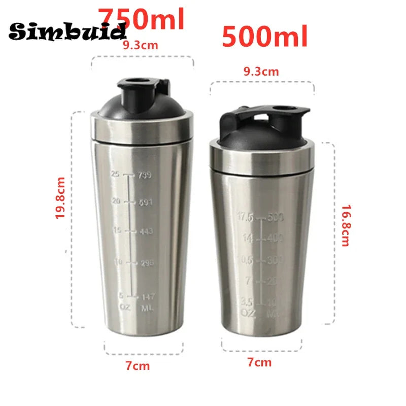 Botella coctelera de proteína en polvo de acero inoxidable, 500ML/750ML, con bola de acero y escala, a prueba de fugas, para gimnasio, Fitness, deporte, batidos de suero