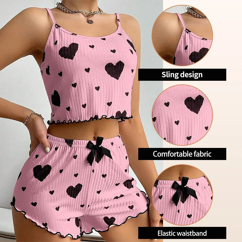 Conjunto de pijamas para mujer Ropa de dormir 2 piezas Camisetas sin mangas cortas y pantalones cortos S M L Blanco Ventilar Suave Casual Impresión de amor