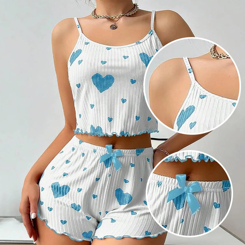 Conjunto de pijamas para mujer Ropa de dormir 2 piezas Camisetas sin mangas cortas y pantalones cortos S M L Blanco Ventilar Suave Casual Impresión de amor