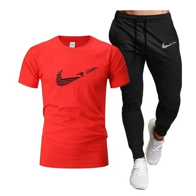 2025 Camiseta deportiva de verano para hombre, camiseta de algodón puro + pantalones largos finos, conjunto de 2 piezas transpirable y de secado rápido