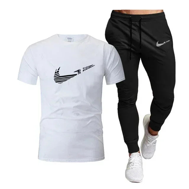 2025 Camiseta deportiva de verano para hombre, camiseta de algodón puro + pantalones largos finos, conjunto de 2 piezas transpirable y de secado rápido
