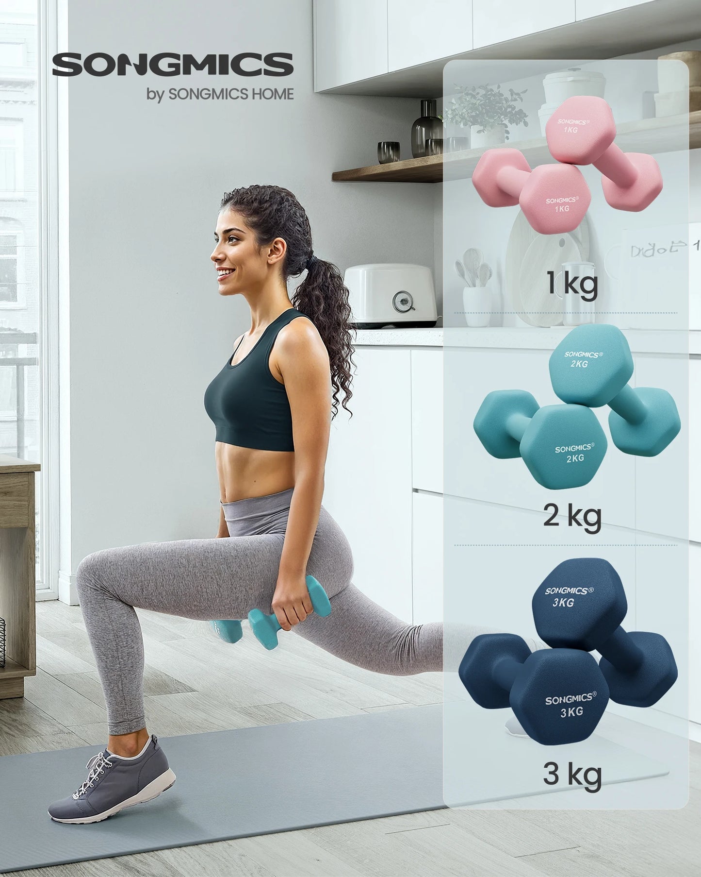 SONGMICS-Juego de mancuernas hexagonales, con soporte para Mancuernas, 2x1 kg, 2x2 kg, 2x3 kg, verde lima, aguamarina, gris