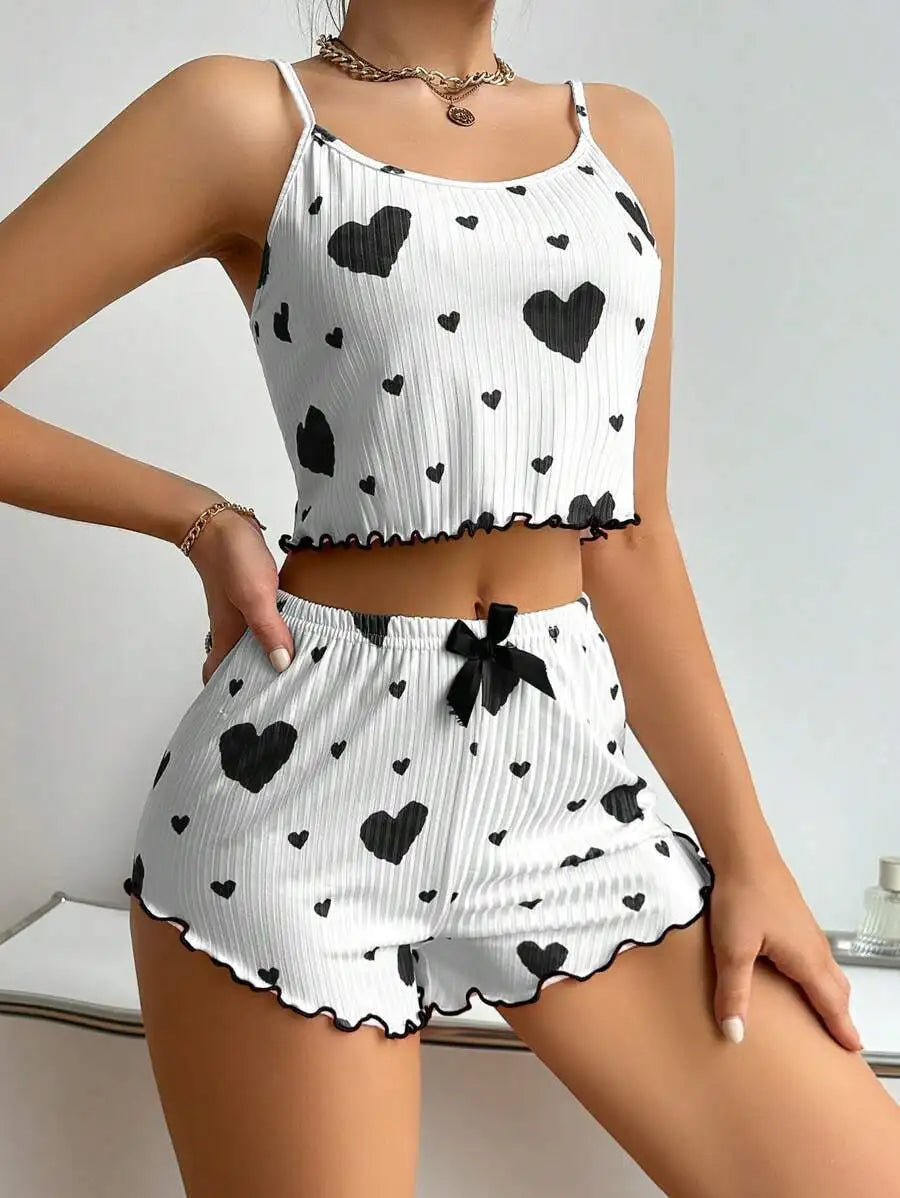 Conjunto de pijamas para mujer Ropa de dormir 2 piezas Camisetas sin mangas cortas y pantalones cortos S M L Blanco Ventilar Suave Casual Impresión de amor
