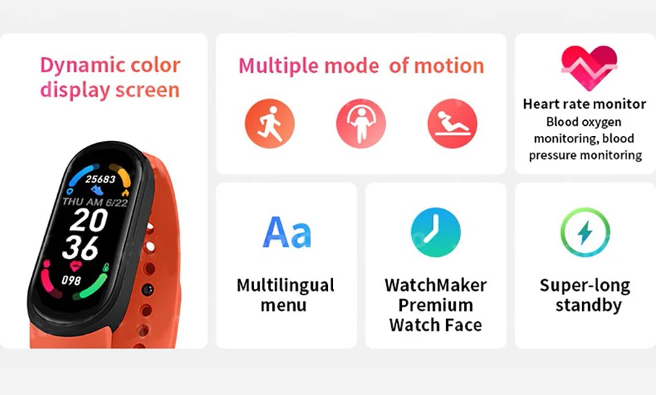 Reloj inteligente M6 para hombre y mujer, pulsera deportiva con Monitor de frecuencia cardíaca y presión arterial, resistente al agua, multifunción