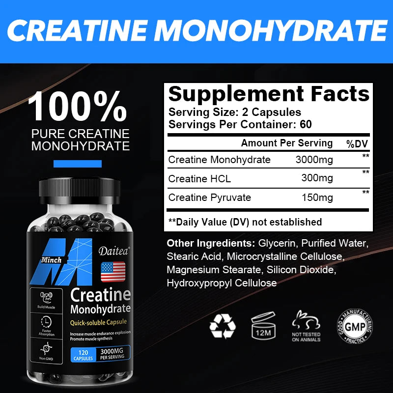 Daitea Creatine Monohidratos de 3000 mg: Fuerza, Músculo y Rendimiento, Suplemento Nutritivo para Adultos Compatible con Keto
