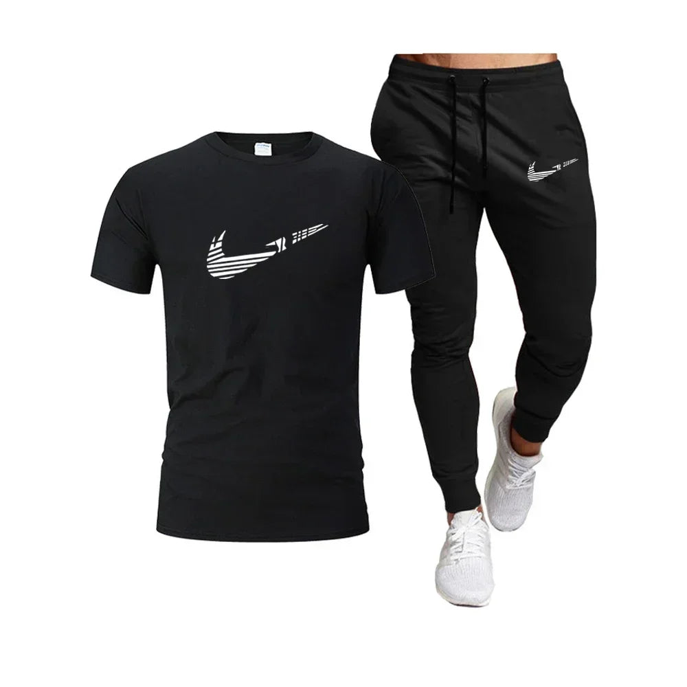 2025 Camiseta deportiva de verano para hombre, camiseta de algodón puro + pantalones largos finos, conjunto de 2 piezas transpirable y de secado rápido