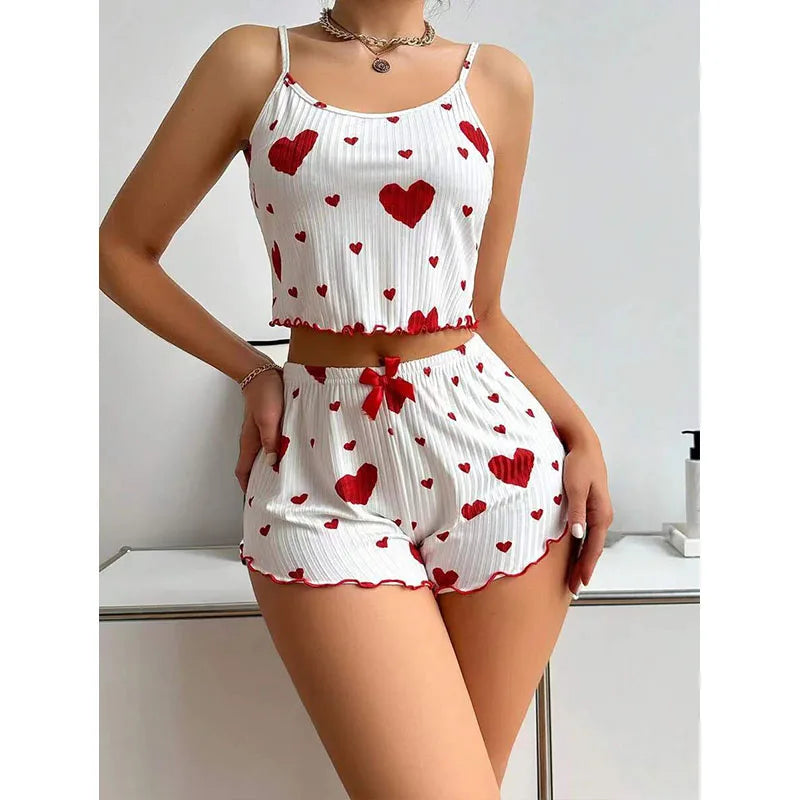 Conjunto de pijamas para mujer Ropa de dormir 2 piezas Camisetas sin mangas cortas y pantalones cortos S M L Blanco Ventilar Suave Casual Impresión de amor