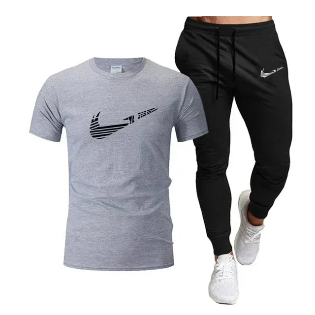 2025 Camiseta deportiva de verano para hombre, camiseta de algodón puro + pantalones largos finos, conjunto de 2 piezas transpirable y de secado rápido
