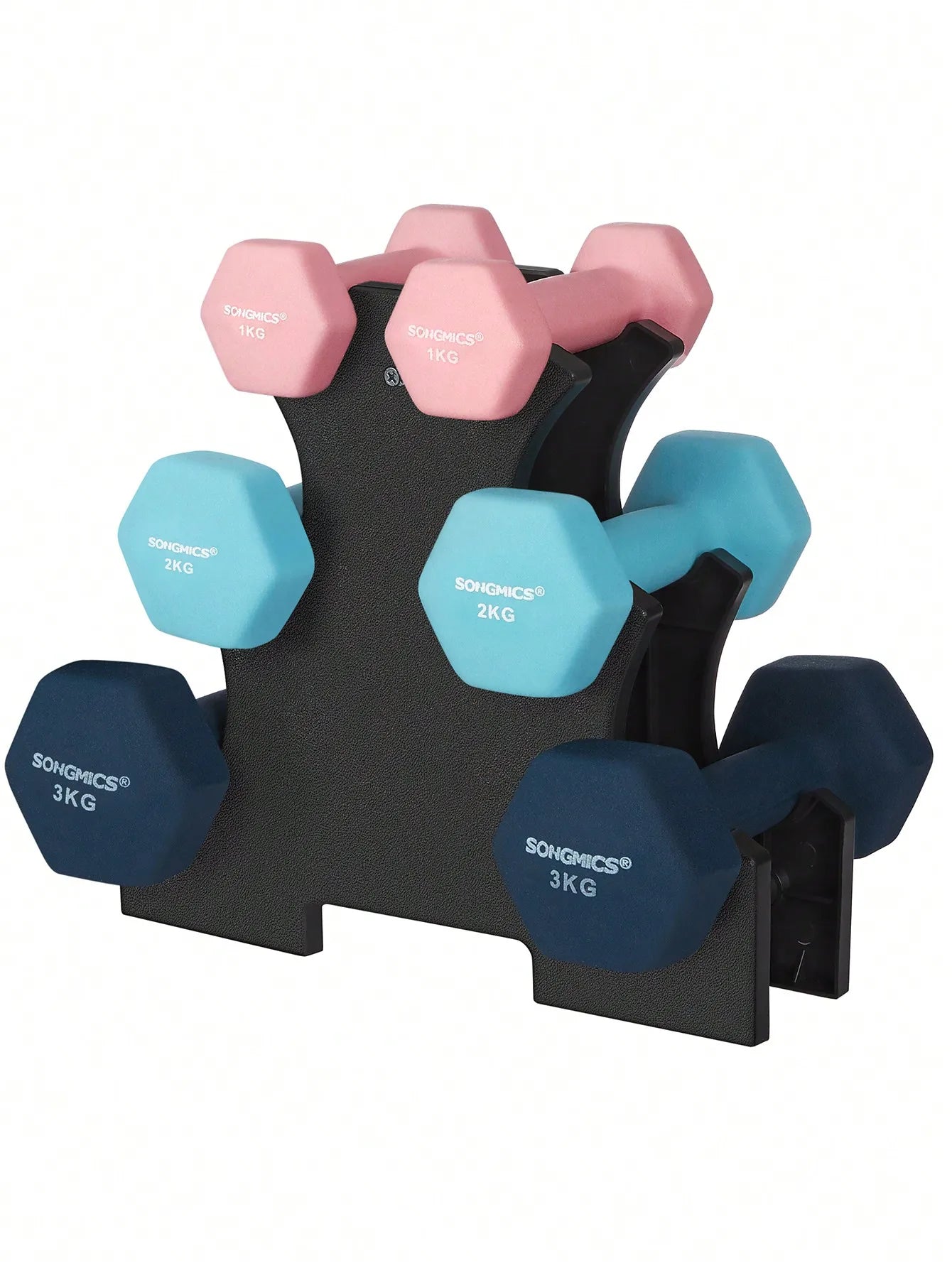 SONGMICS-Juego de mancuernas hexagonales, con soporte para Mancuernas, 2x1 kg, 2x2 kg, 2x3 kg, verde lima, aguamarina, gris