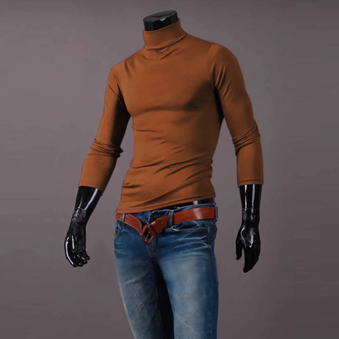Camiseta básica lisa de fondo para hombre, Jersey informal ajustado de cuello alto básico, Tops finos de otoño y primavera