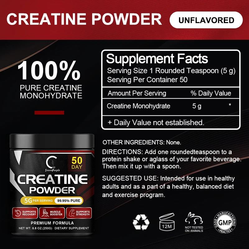 GPGP GreenPeople Polvo de monohidrato de creatina Polvo de creatina Recuperación muscular Constructor muscular para hombres y mujeres Suplementos de entrenamiento