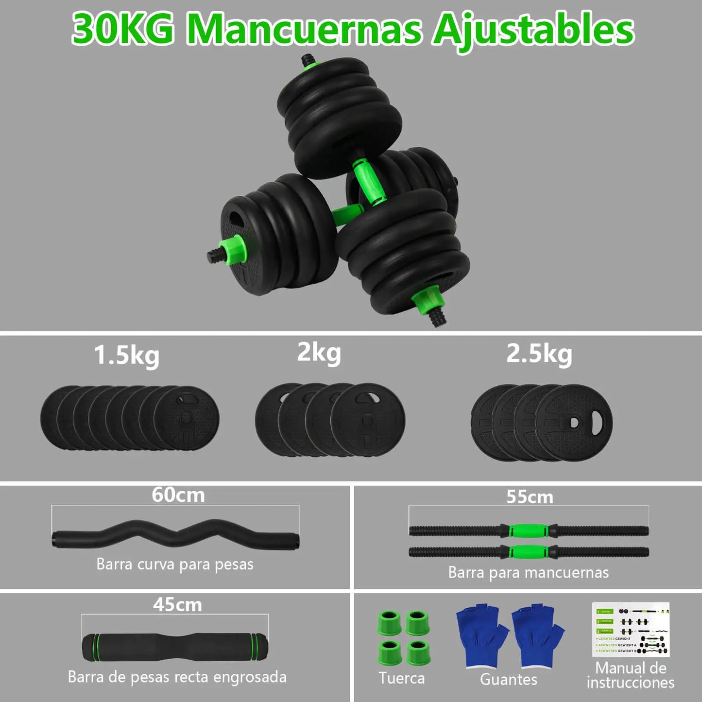 Juego de mancuernas ajustables multifuncionales, 4 en 1, 10 kg, 15 kg, 20 kg, 30 kg, con mango opcional para pesas rusas, rizos y barra recta, rueda abdominal, flexiones, pesas de gimnasio en casa para hombres