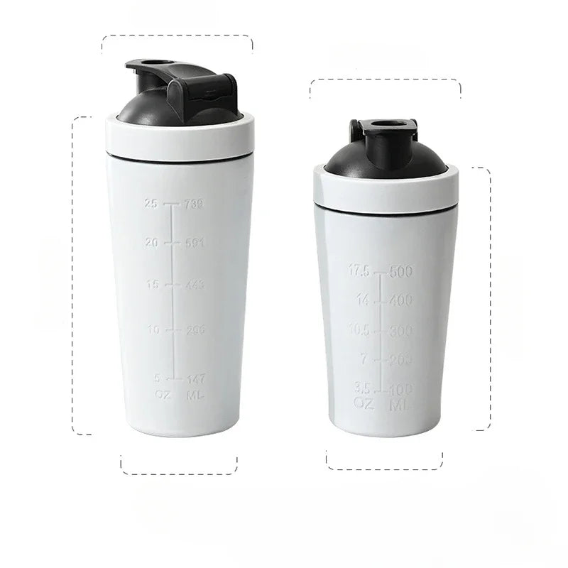 Botella coctelera de proteína en polvo de acero inoxidable, 500ML/750ML, con bola de acero y escala, a prueba de fugas, para gimnasio, Fitness, deporte, batidos de suero