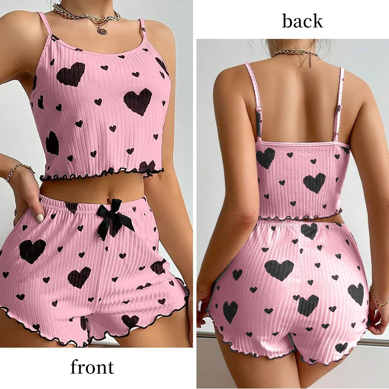 Conjunto de pijamas para mujer Ropa de dormir 2 piezas Camisetas sin mangas cortas y pantalones cortos S M L Blanco Ventilar Suave Casual Impresión de amor
