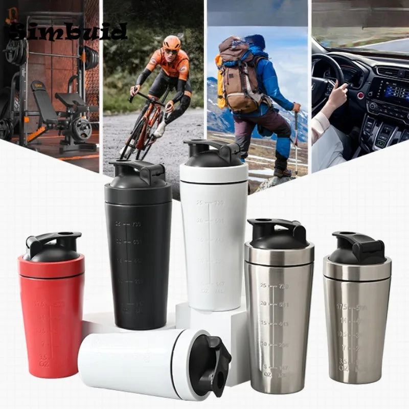 Botella coctelera de proteína en polvo de acero inoxidable, 500ML/750ML, con bola de acero y escala, a prueba de fugas, para gimnasio, Fitness, deporte, batidos de suero