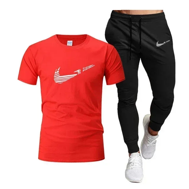 2025 Camiseta deportiva de verano para hombre, camiseta de algodón puro + pantalones largos finos, conjunto de 2 piezas transpirable y de secado rápido