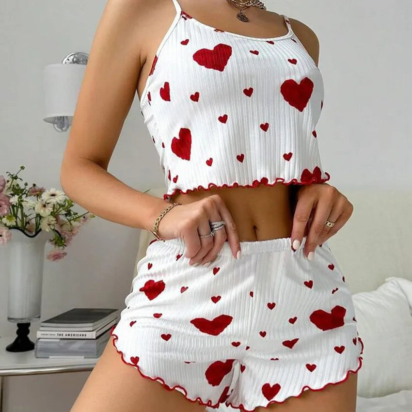 Conjunto de pijamas para mujer Ropa de dormir 2 piezas Camisetas sin mangas cortas y pantalones cortos S M L Blanco Ventilar Suave Casual Impresión de amor