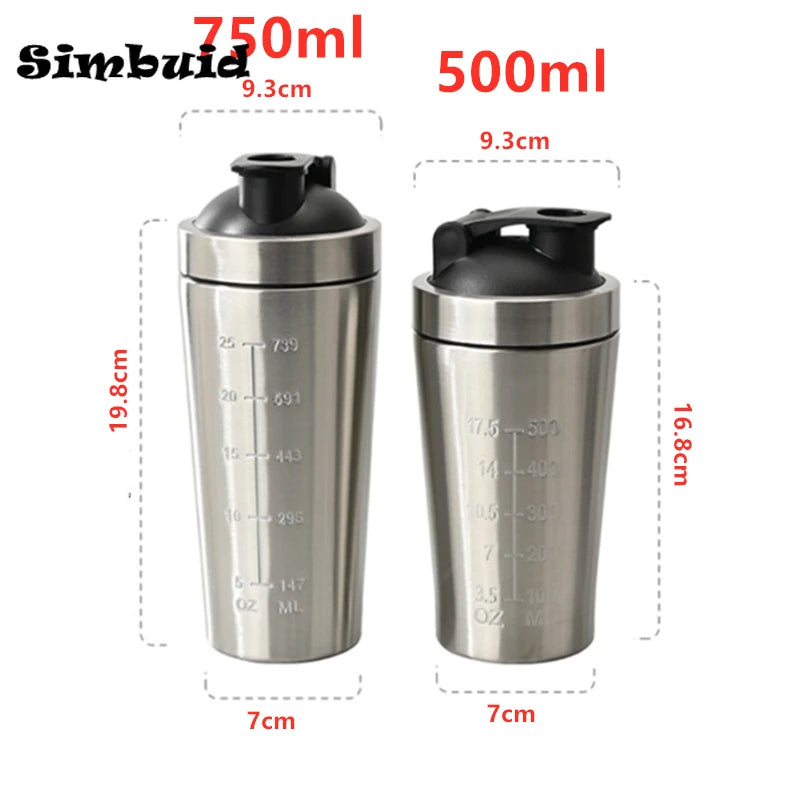 Botella coctelera de proteína en polvo de acero inoxidable, 500ML/750ML, con bola de acero y escala, a prueba de fugas, para gimnasio, Fitness, deporte, batidos de suero