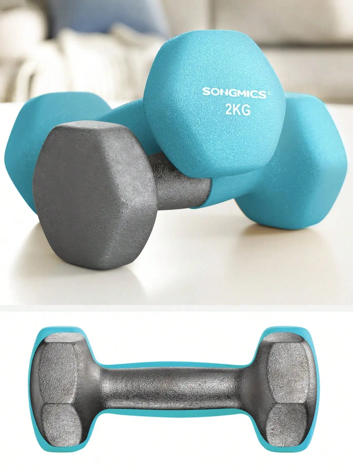 SONGMICS-Juego de mancuernas hexagonales, con soporte para Mancuernas, 2x1 kg, 2x2 kg, 2x3 kg, verde lima, aguamarina, gris