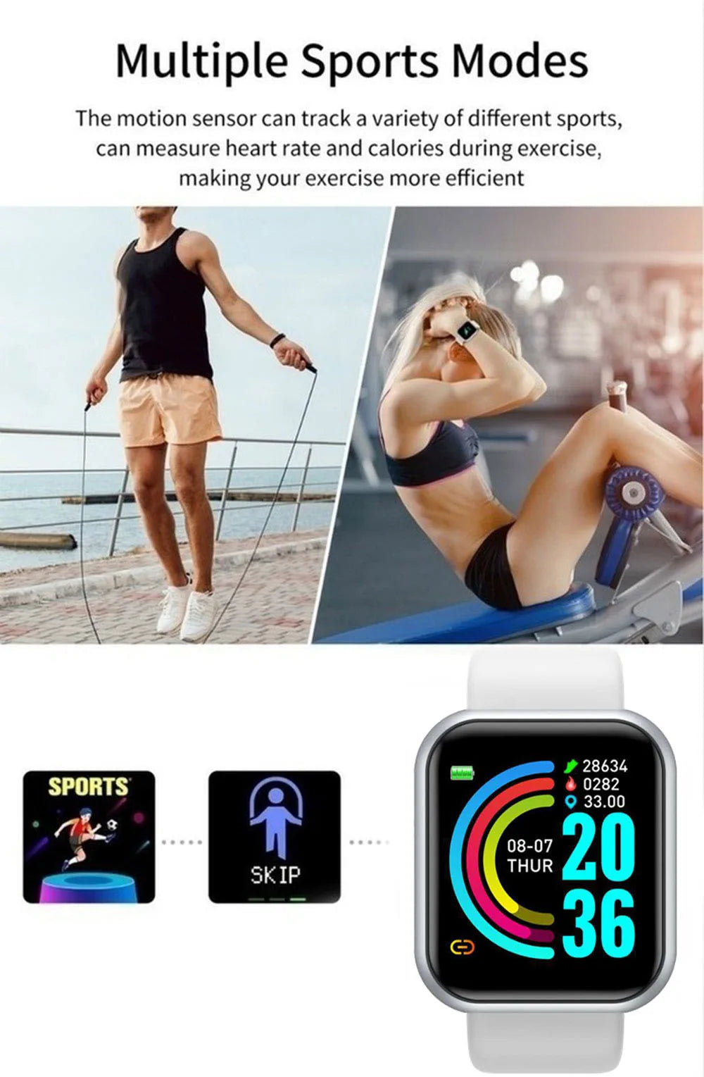 Reloj inteligente multifuncional para hombre y mujer, pulsera deportiva con Bluetooth, Monitor de sueño y música, D20, Y68