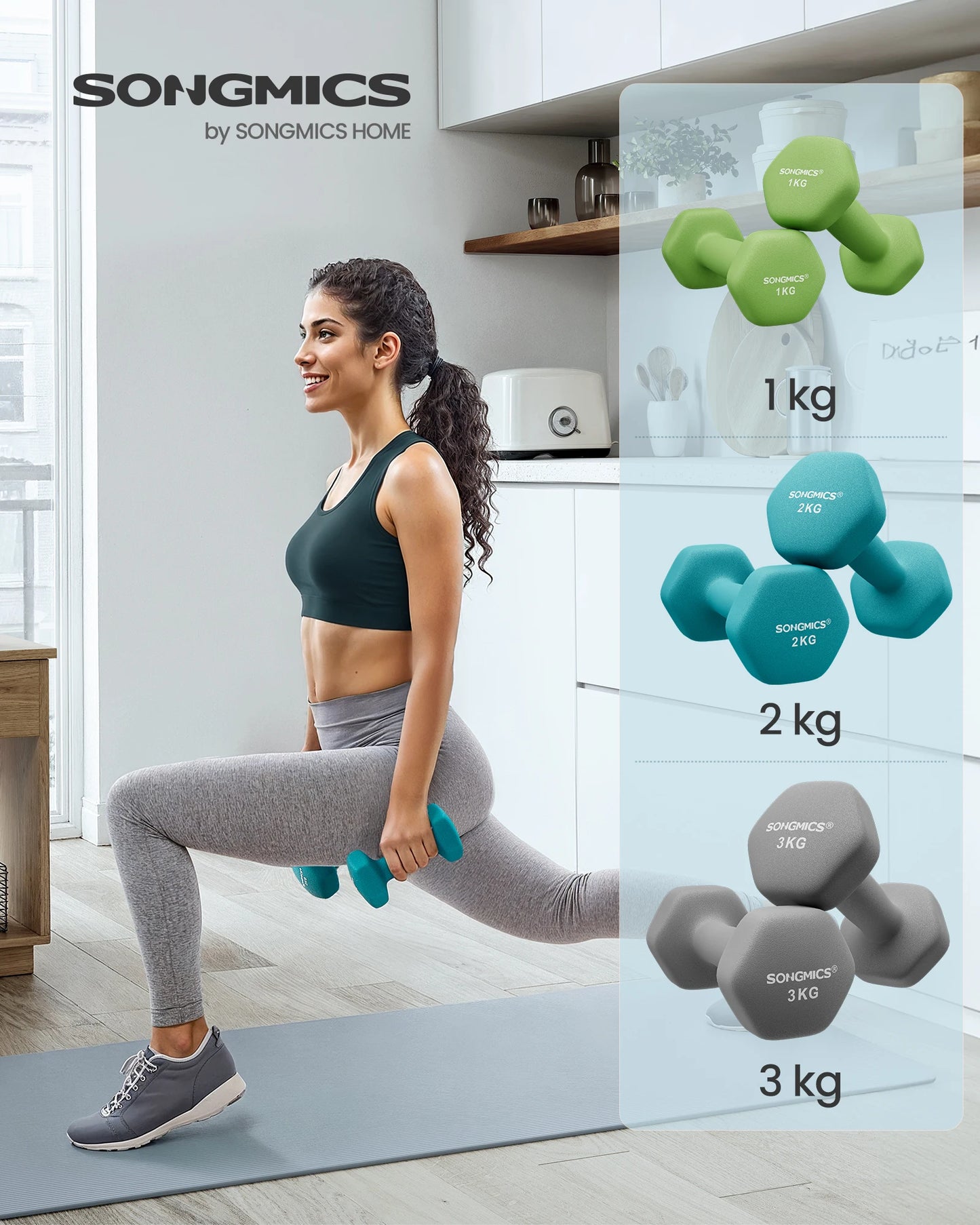 SONGMICS-Juego de mancuernas hexagonales, con soporte para Mancuernas, 2x1 kg, 2x2 kg, 2x3 kg, verde lima, aguamarina, gris