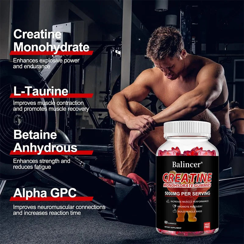 Gomitas monohidratadas de creatina: entrenamiento pre/post, fitness, fuerza, desarrollo muscular, proporciona suplementos energéticos