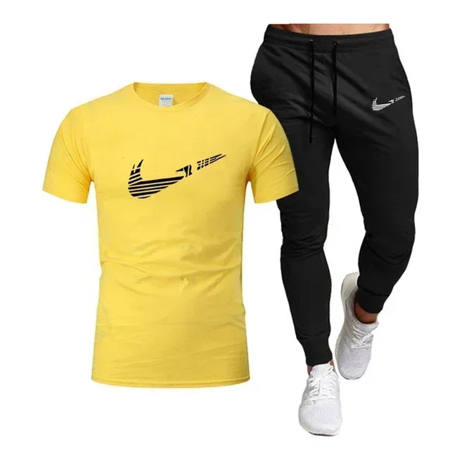 2025 Camiseta deportiva de verano para hombre, camiseta de algodón puro + pantalones largos finos, conjunto de 2 piezas transpirable y de secado rápido