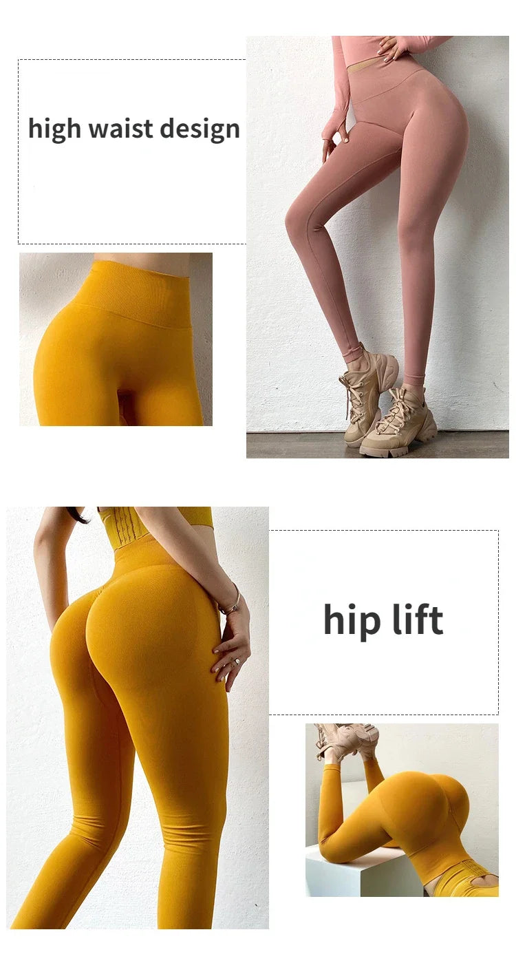 Mallas lisas de cintura alta para mujer, medias ajustadas sin costuras, mallas elásticas para Fitness y Yoga, pantalones de entrenamiento de gimnasio a la moda de punto con realce en el trasero