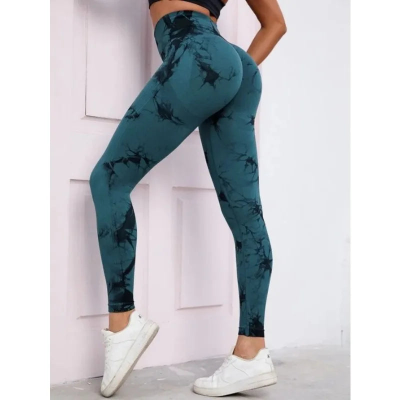 Mallas de cintura alta sin costuras para mujer, Leggings de teñido anudado, pantalones de Yoga para correr y Fitness, medias elásticas de punto de elevación de cadera