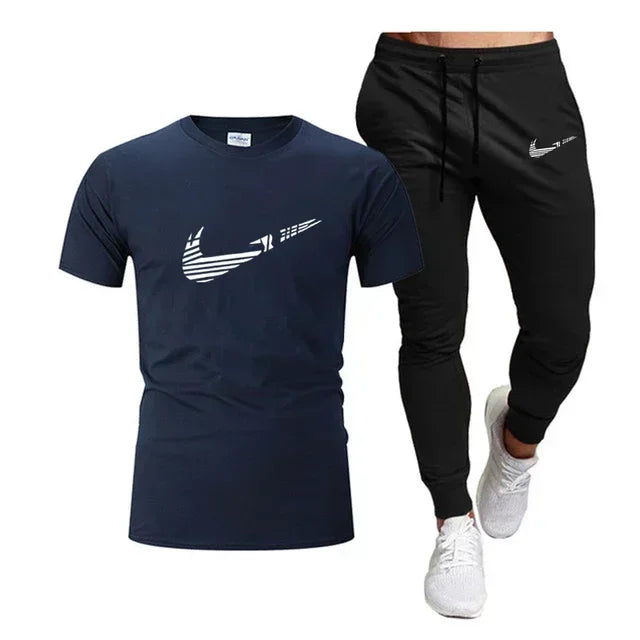 2025 Camiseta deportiva de verano para hombre, camiseta de algodón puro + pantalones largos finos, conjunto de 2 piezas transpirable y de secado rápido