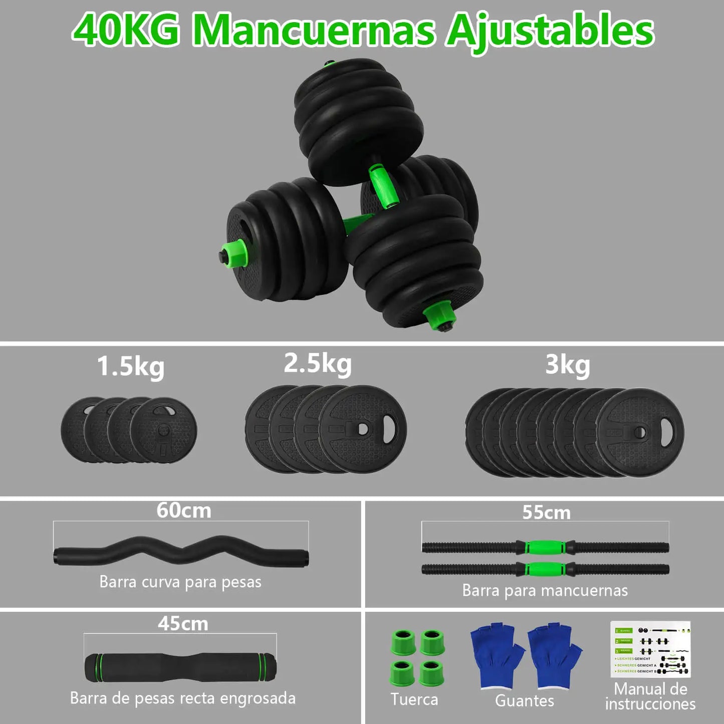 Juego de mancuernas ajustables multifuncionales, 4 en 1, 10 kg, 15 kg, 20 kg, 30 kg, con mango opcional para pesas rusas, rizos y barra recta, rueda abdominal, flexiones, pesas de gimnasio en casa para hombres