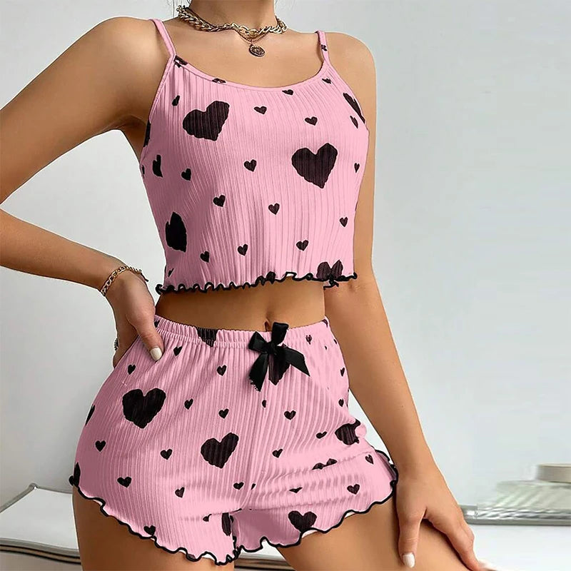 Conjunto de pijamas para mujer Ropa de dormir 2 piezas Camisetas sin mangas cortas y pantalones cortos S M L Blanco Ventilar Suave Casual Impresión de amor