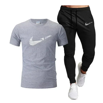 2025 Camiseta deportiva de verano para hombre, camiseta de algodón puro + pantalones largos finos, conjunto de 2 piezas transpirable y de secado rápido