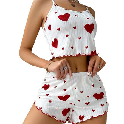 Conjunto de pijamas para mujer Ropa de dormir 2 piezas Camisetas sin mangas cortas y pantalones cortos S M L Blanco Ventilar Suave Casual Impresión de amor
